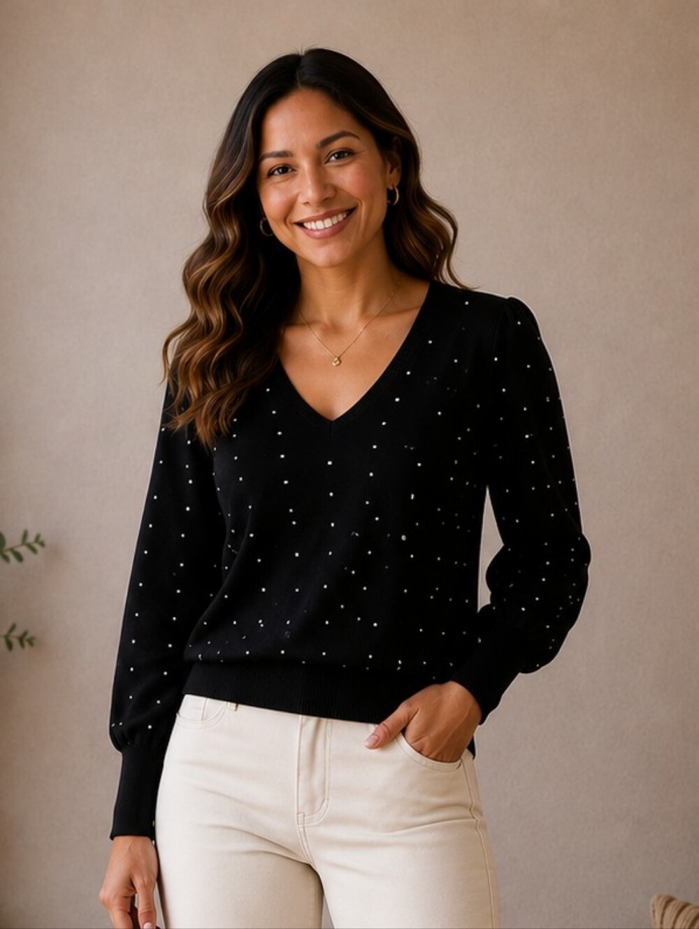 Daniel Rainn Black V-Neck Sweater with White Dot Pattern
